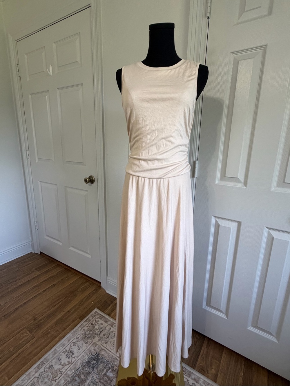 PrettyGarden Neutral Beige Maxi Dress Ruched Waist Soft Stretch Size M